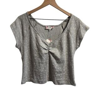 Pink Republic Ruched V-Neck Short Sleeve Top Gray Floral Size XL NWT